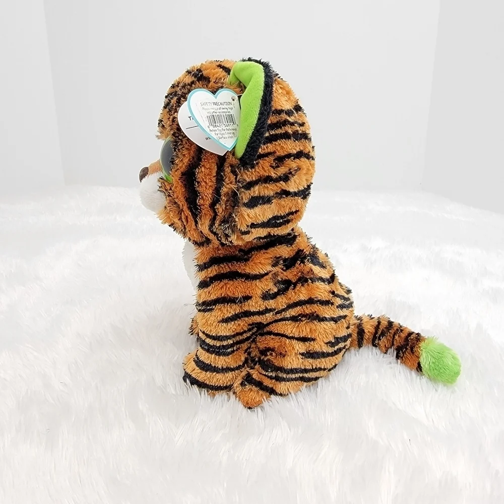 Ty Beanie Boo Plush Stripes Tiger Stuffed Animal Orange Black Green Eyes Soft